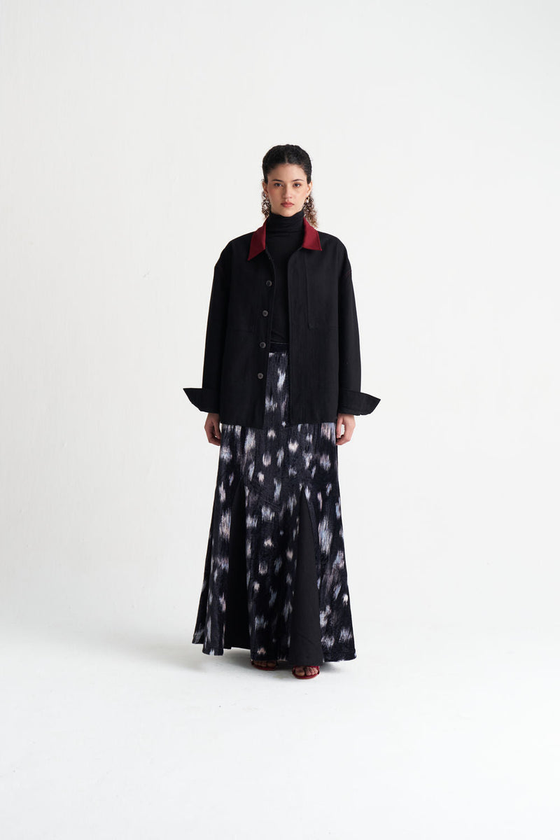 Ikat Print Velvet Circular Skirt-Black Ikat Print velvet skirt by THREE in black for women in Singapore