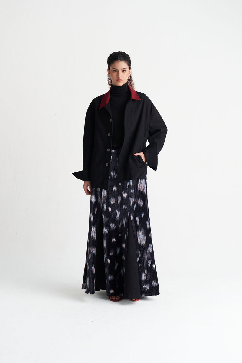 Ikat Print Velvet Circular Skirt-Black Ikat Print velvet skirt by THREE in black for women in Singapore