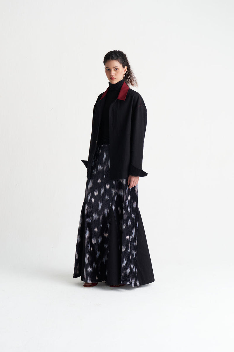 Ikat Print Velvet Circular Skirt-Black Ikat Print velvet skirt by THREE in black for women in Singapore