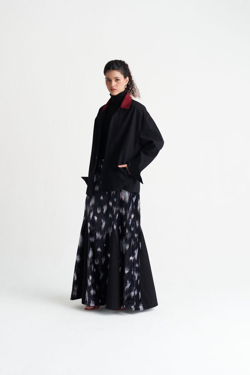 Ikat Print Velvet Circular Skirt-Black Ikat Print velvet skirt by THREE in black for women in Singapore