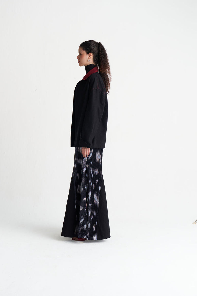 Ikat Print Velvet Circular Skirt-Black Ikat Print velvet skirt by THREE in black for women in Singapore