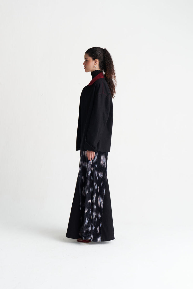 Unisex Denim Jacket Co-Ord (Set Of 2)-Black Ikat Print velvet co-ord set by THREE in black for women in Singapore