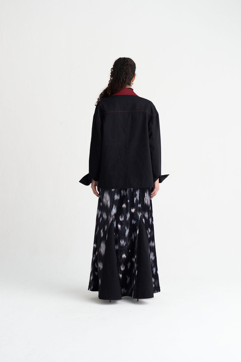 Unisex Denim Jacket Co-Ord (Set Of 2)-Black Ikat Print velvet co-ord set by THREE in black for women in Singapore