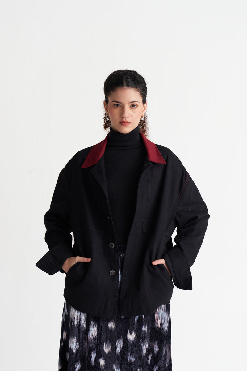 Unisex Denim Jacket-Black denim jacket/overlay by THREE in black for women in Singapore