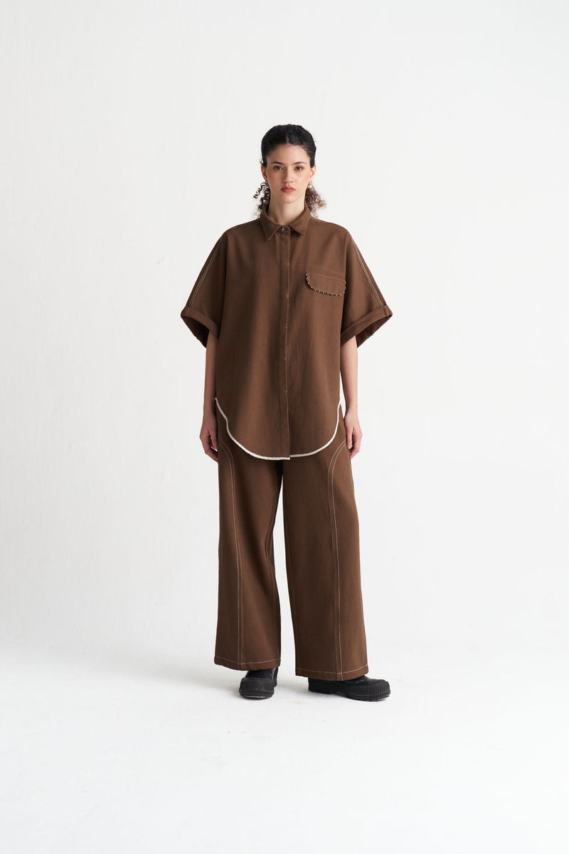 Denim U-Hem Shirt Co-Ord (Set Of 2)-Umber denim co-ord set by THREE in brown for women in Singapore