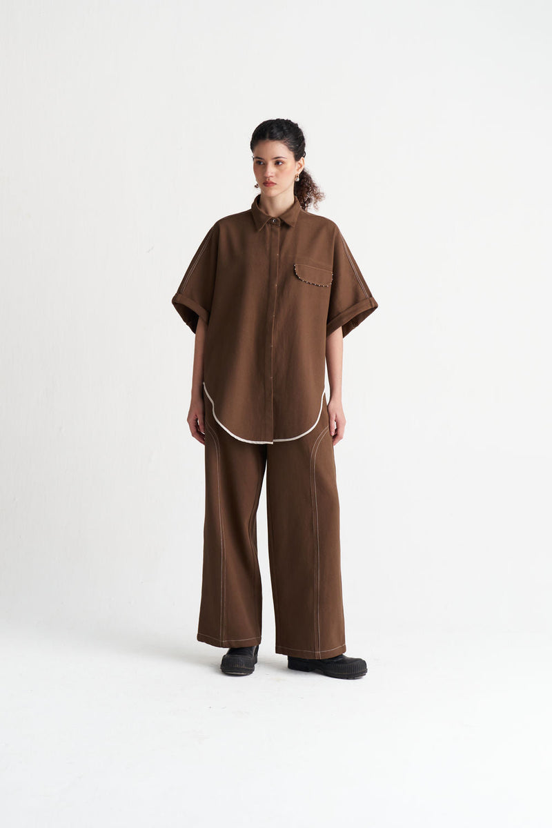 Side-U Panel Denim Bottom-Umber denim pant/trouser by THREE in brown for women in Singapore