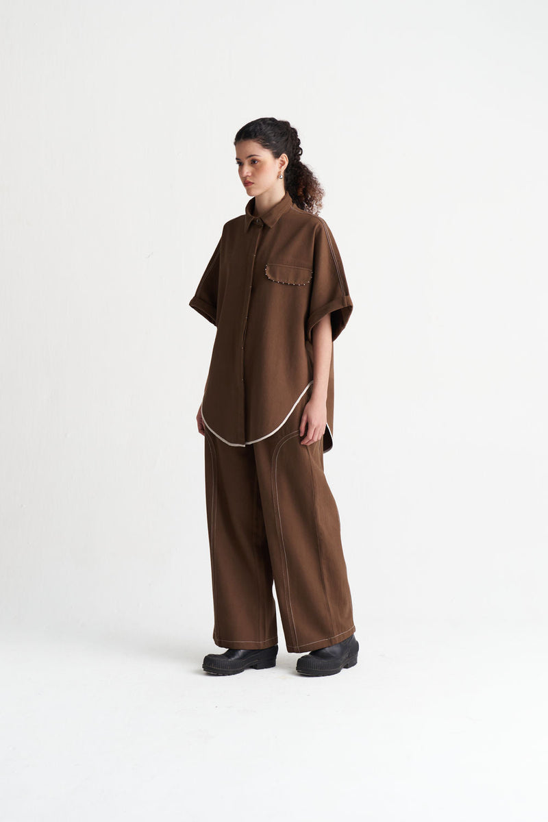Side-U Panel Denim Bottom-Umber denim pant/trouser by THREE in brown for women in Singapore