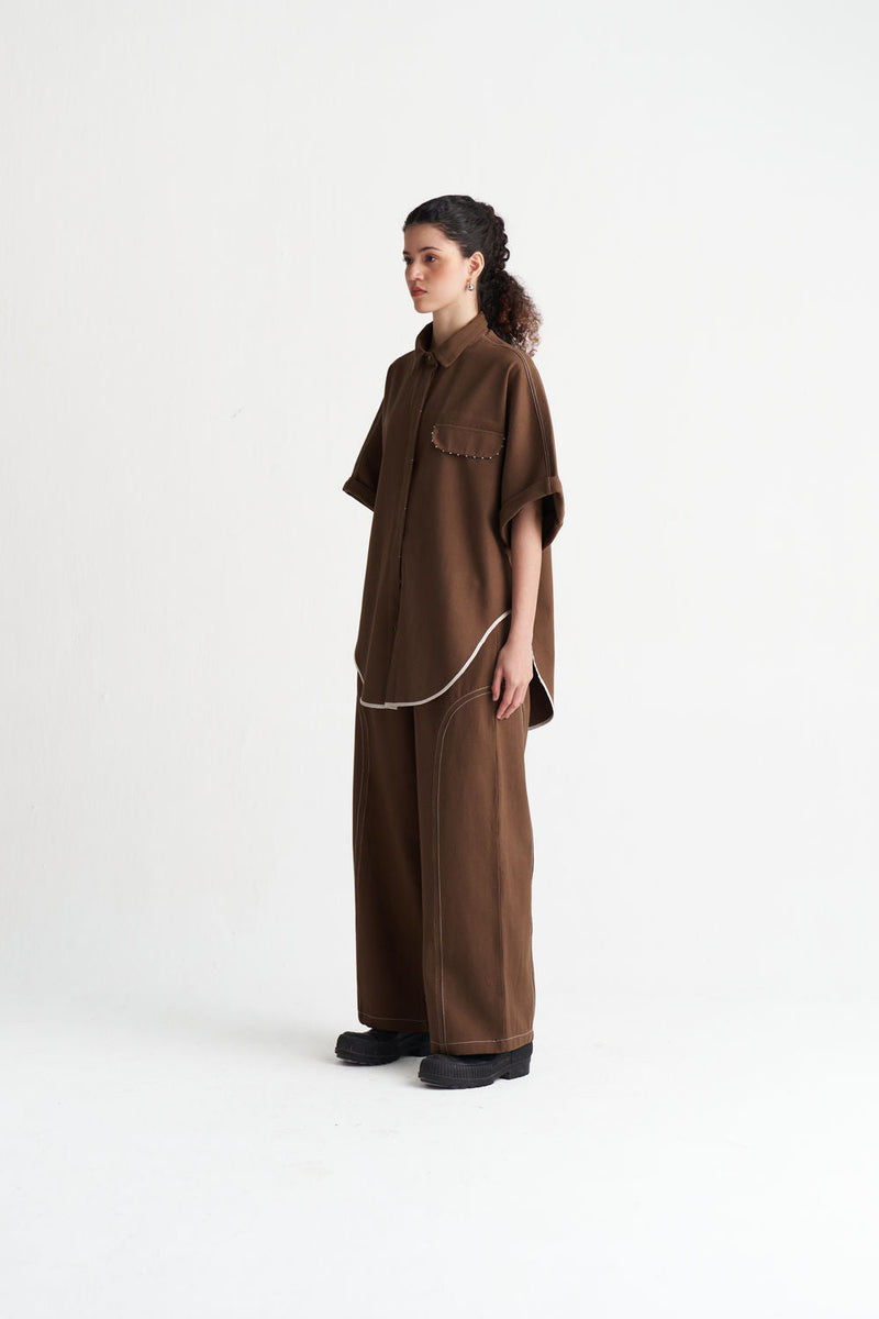 Side-U Panel Denim Bottom-Umber denim pant/trouser by THREE in brown for women in Singapore