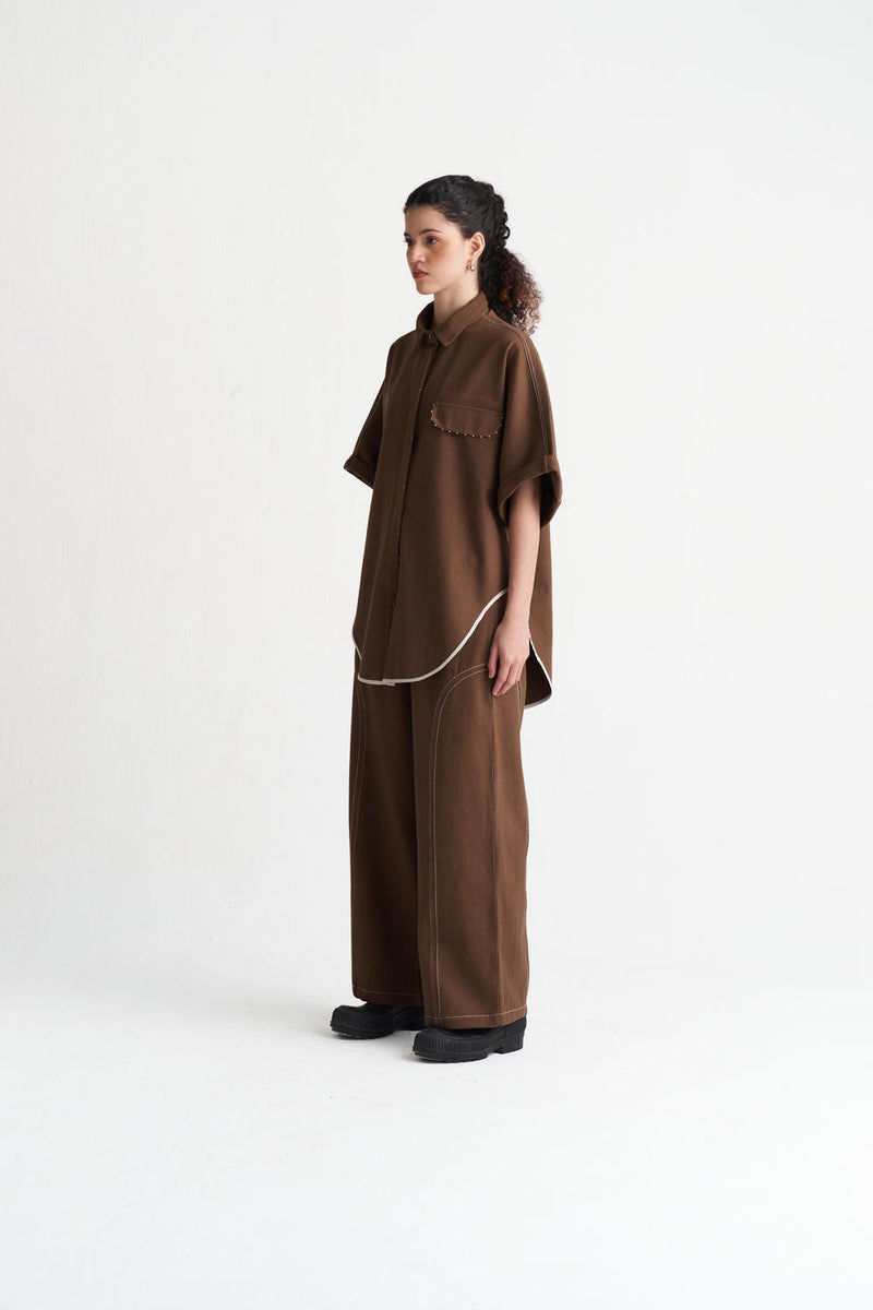 Denim U-Hem Shirt Co-Ord (Set Of 2)-Umber denim co-ord set by THREE in brown for women in Singapore