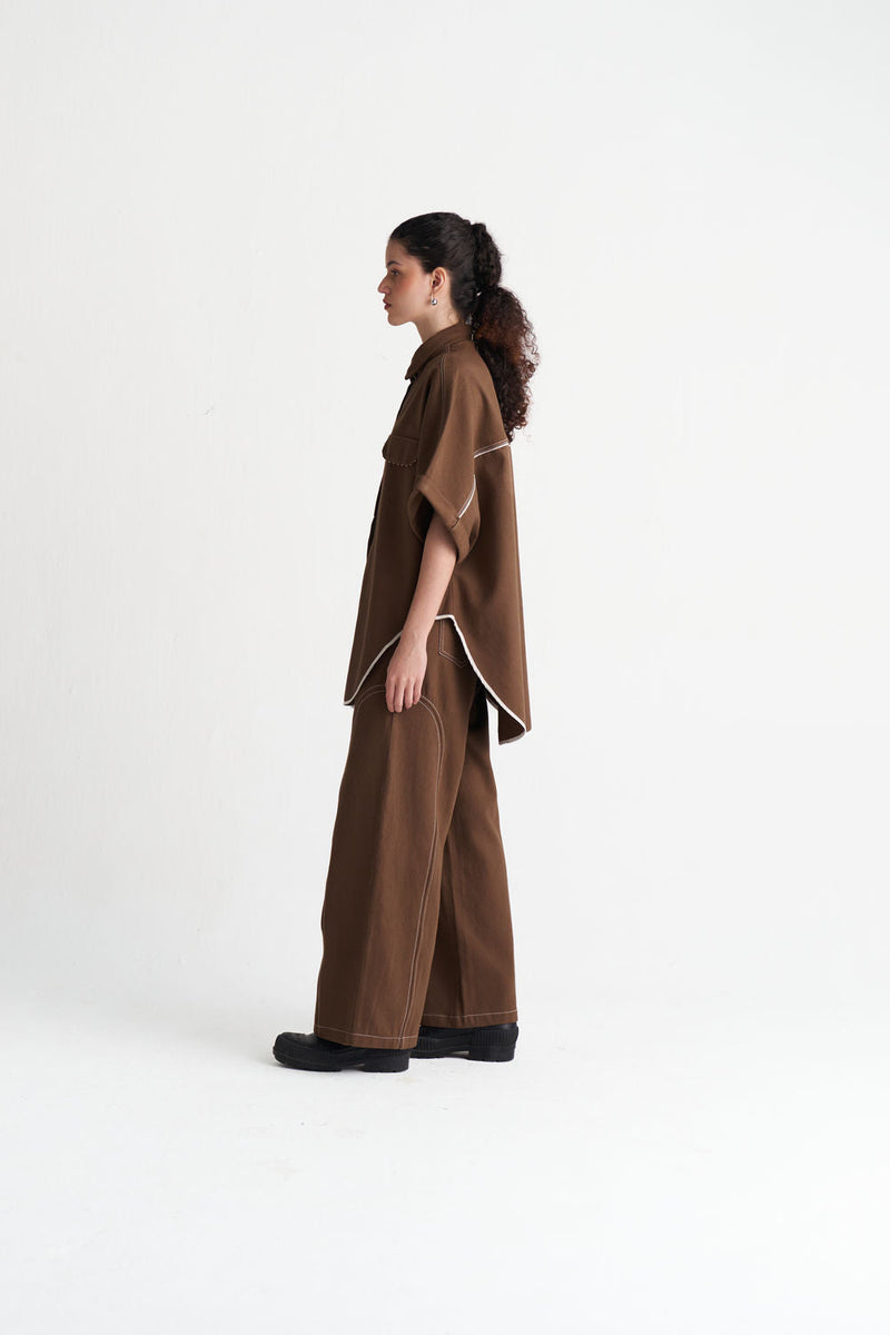 Side-U Panel Denim Bottom-Umber denim pant/trouser by THREE in brown for women in Singapore
