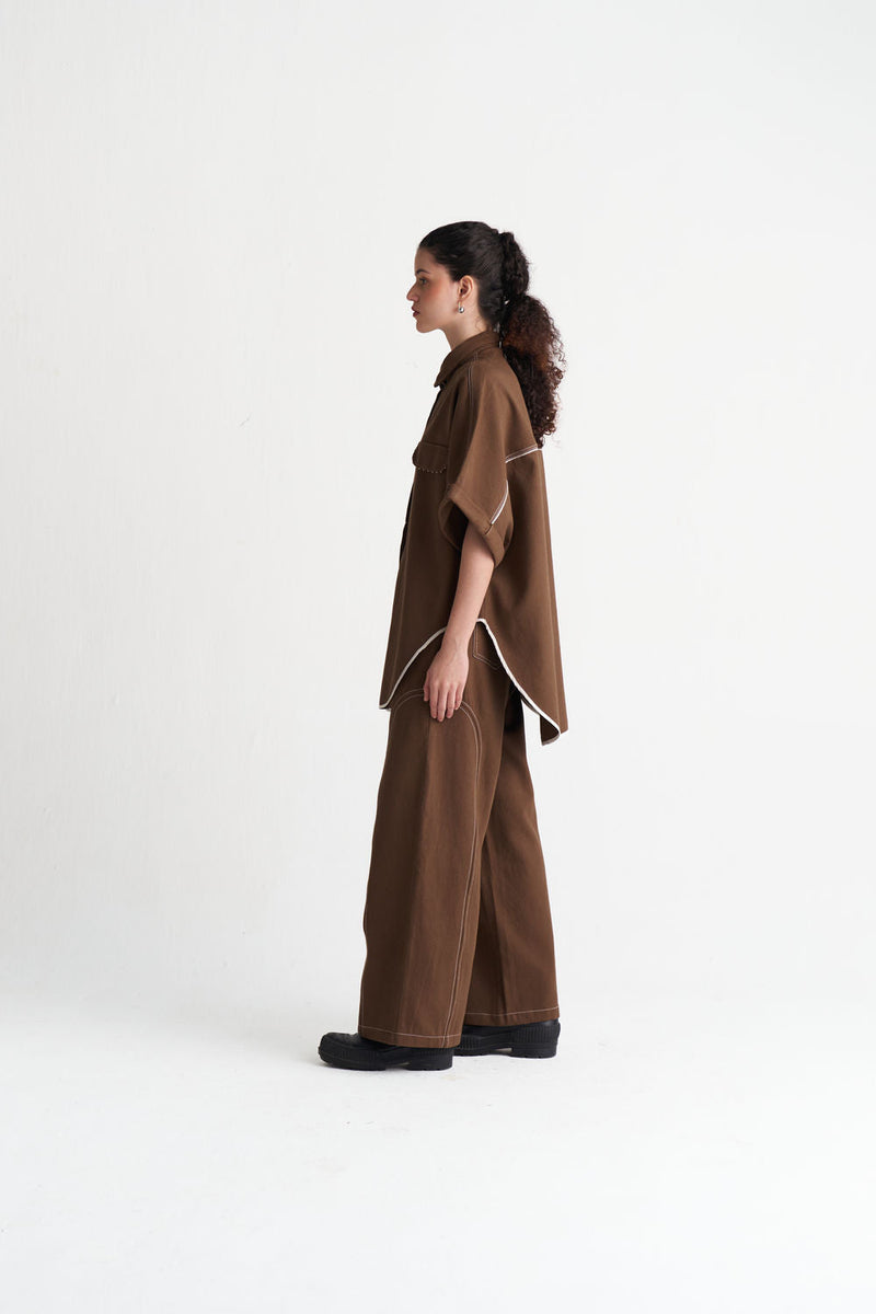 Side-U Panel Denim Bottom-Umber denim pant/trouser by THREE in brown for women in Singapore