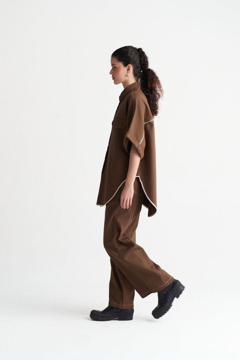Side-U Panel Denim Bottom-Umber denim pant/trouser by THREE in brown for women in Singapore
