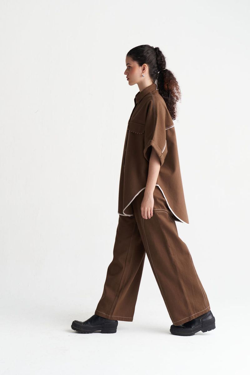 Denim U-Hem Shirt Co-Ord (Set Of 2)-Umber denim co-ord set by THREE in brown for women in Singapore