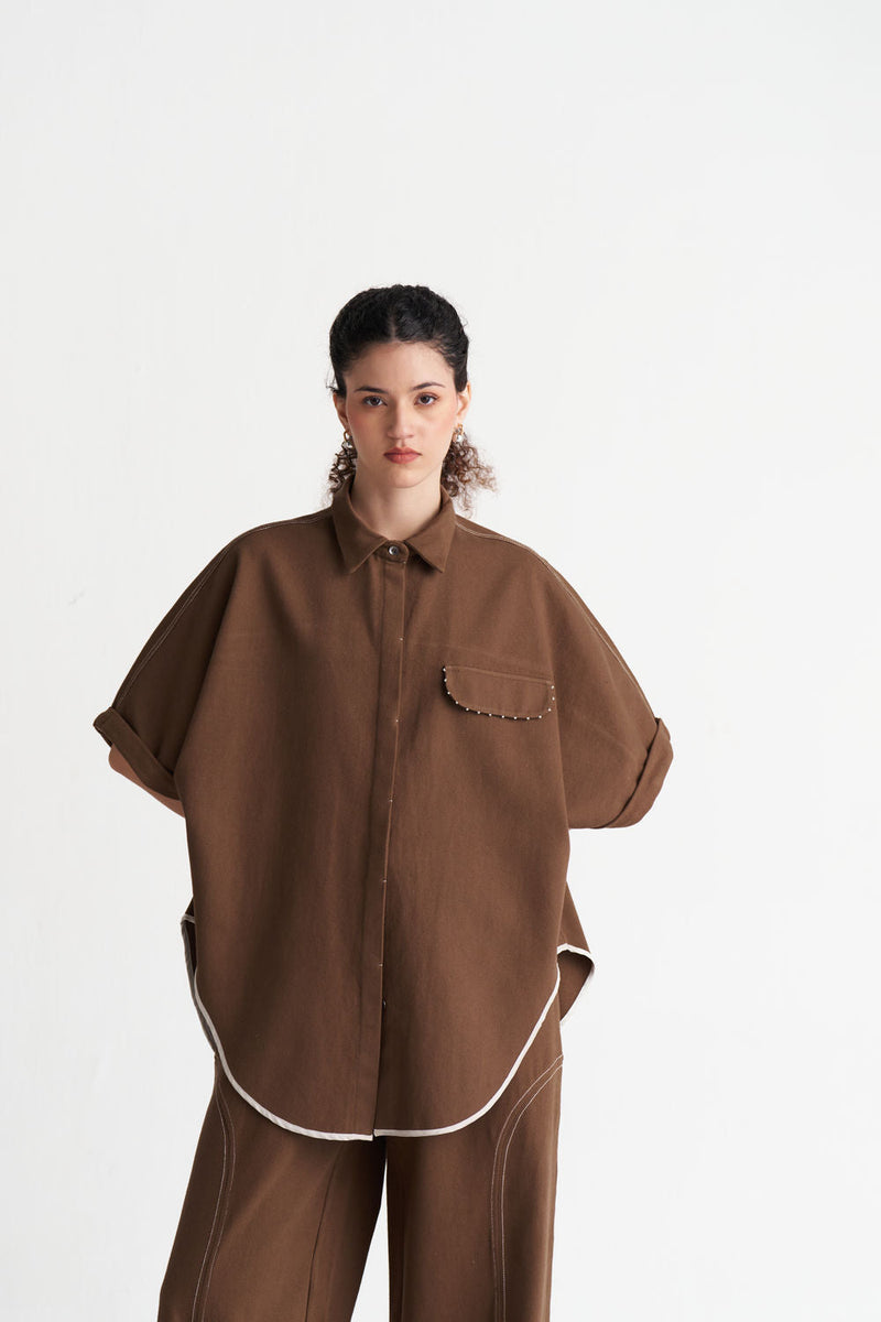 Denim U-Hem Shirt-Umber denim tunics and kaftans by THREE in brown for women in Singapore