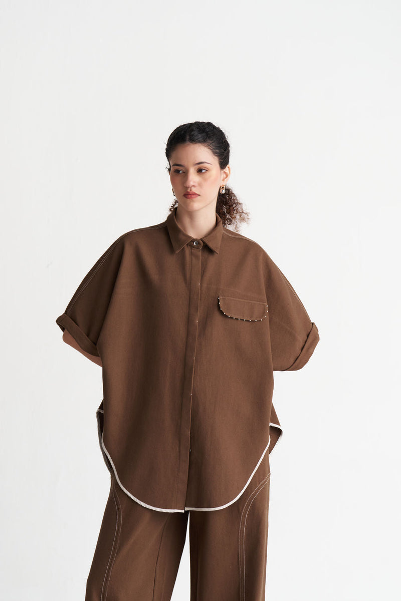 Denim U-Hem Shirt-Umber denim tunics and kaftans by THREE in brown for women in Singapore