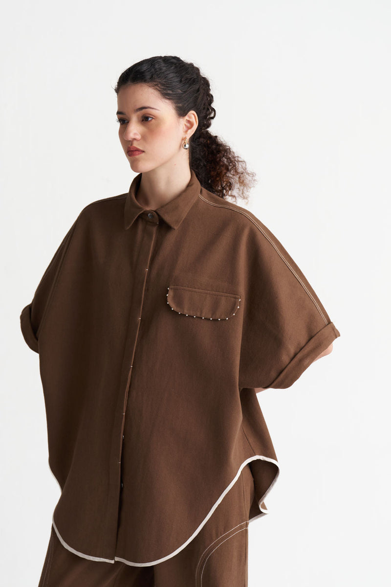 Denim U-Hem Shirt-Umber denim tunics and kaftans by THREE in brown for women in Singapore
