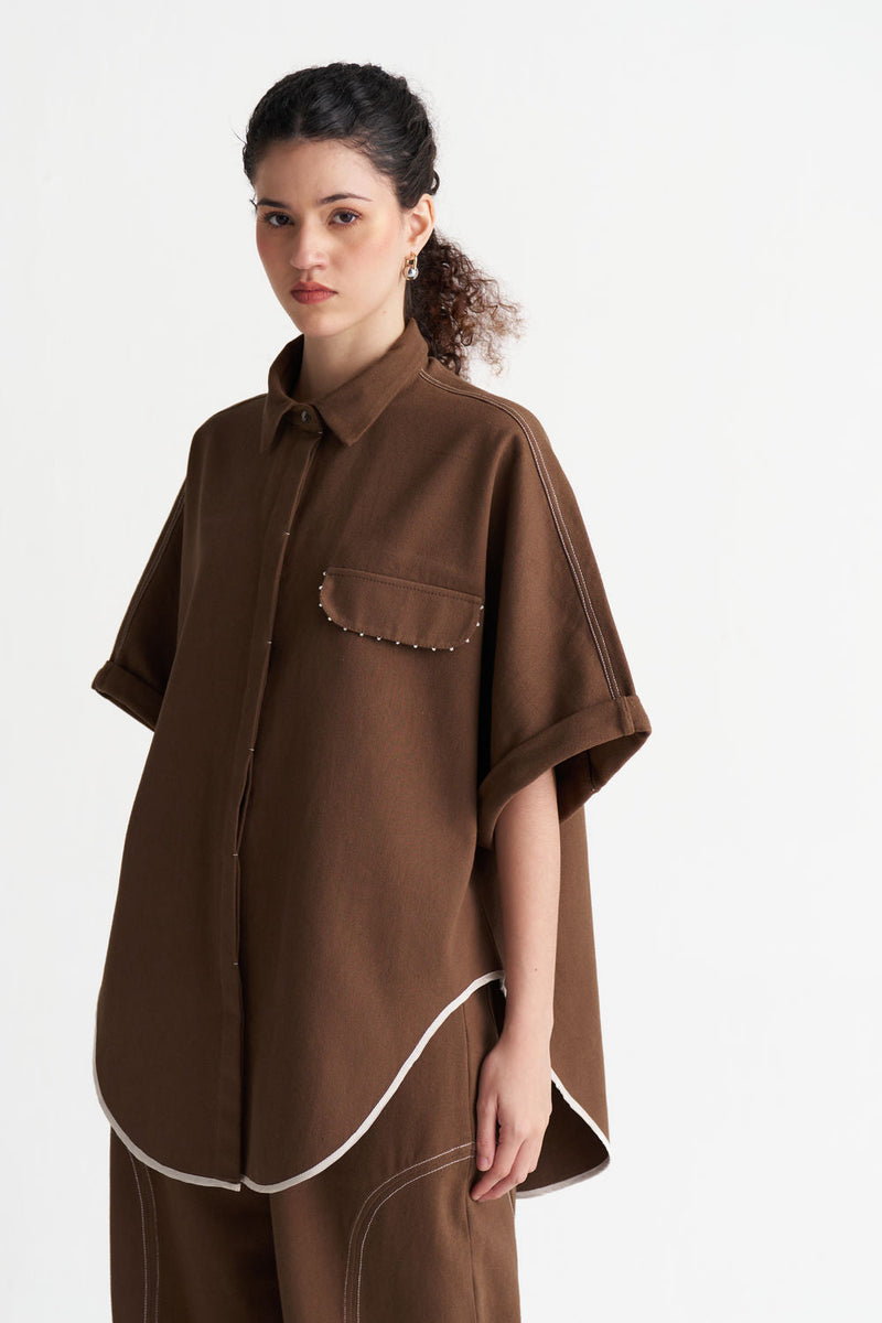Denim U-Hem Shirt-Umber denim tunics and kaftans by THREE in brown for women in Singapore