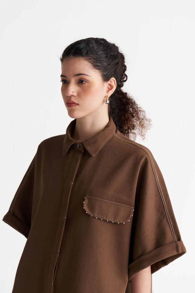 Denim U-Hem Shirt-Umber denim tunics and kaftans by THREE in brown for women in Singapore