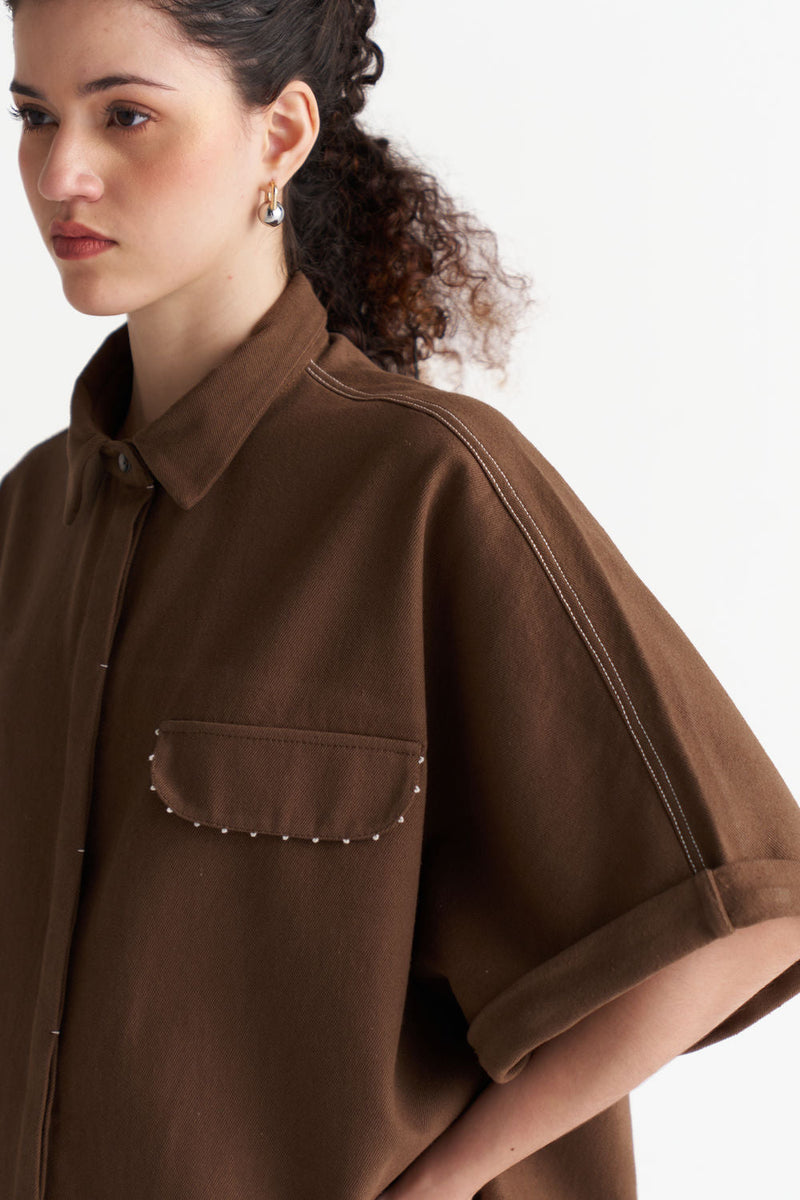Denim U-Hem Shirt Co-Ord (Set Of 2)-Umber denim co-ord set by THREE in brown for women in Singapore