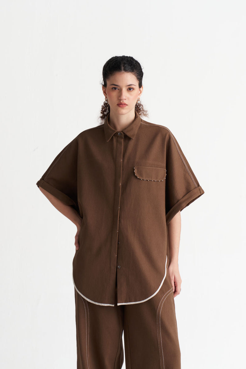 Denim U-Hem Shirt-Umber denim tunics and kaftans by THREE in brown for women in Singapore