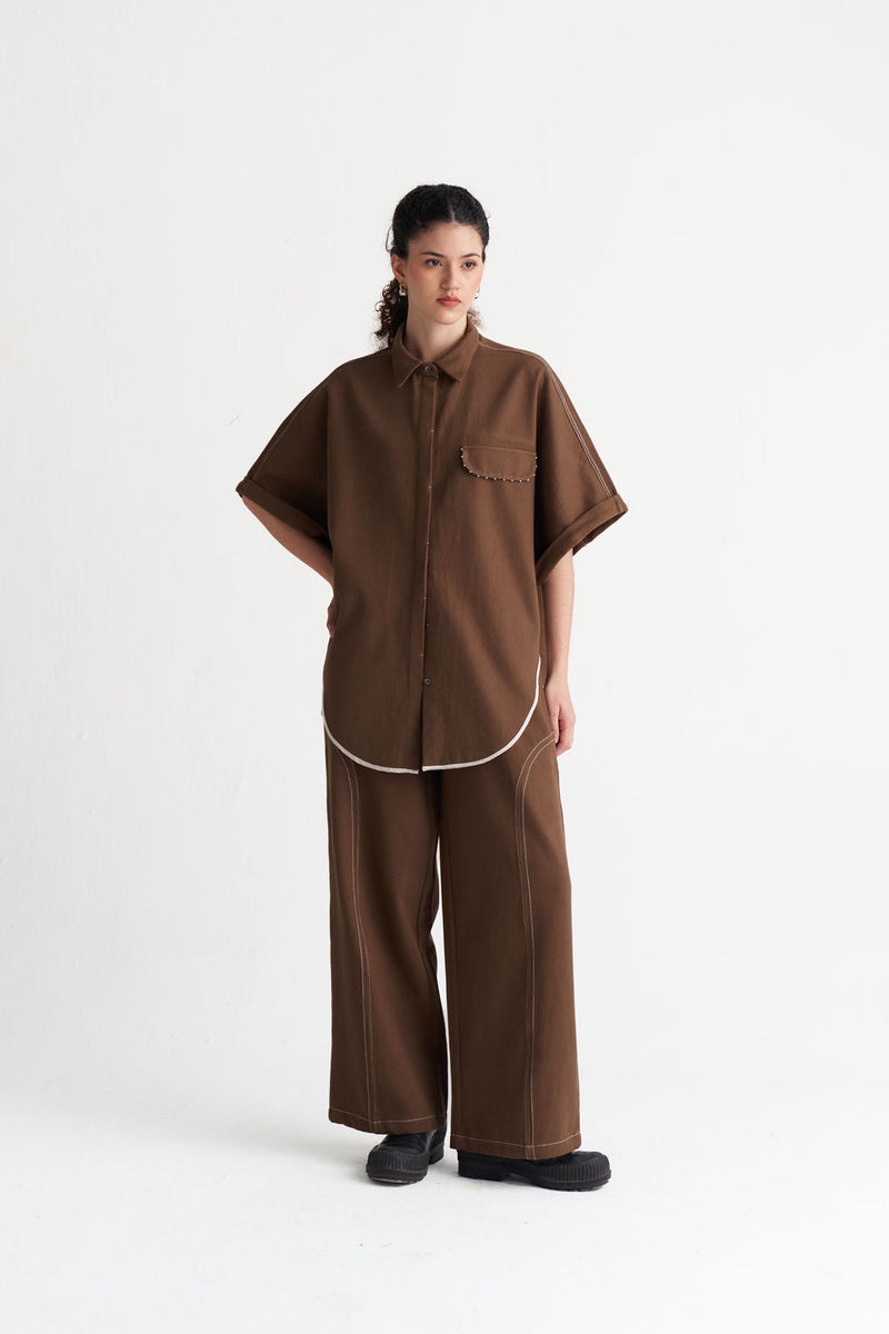 Denim U-Hem Shirt Co-Ord (Set Of 2)-Umber denim co-ord set by THREE in brown for women in Singapore