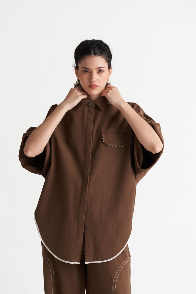 Denim U-Hem Shirt Co-Ord (Set Of 2)-Umber denim co-ord set by THREE in brown for women in Singapore