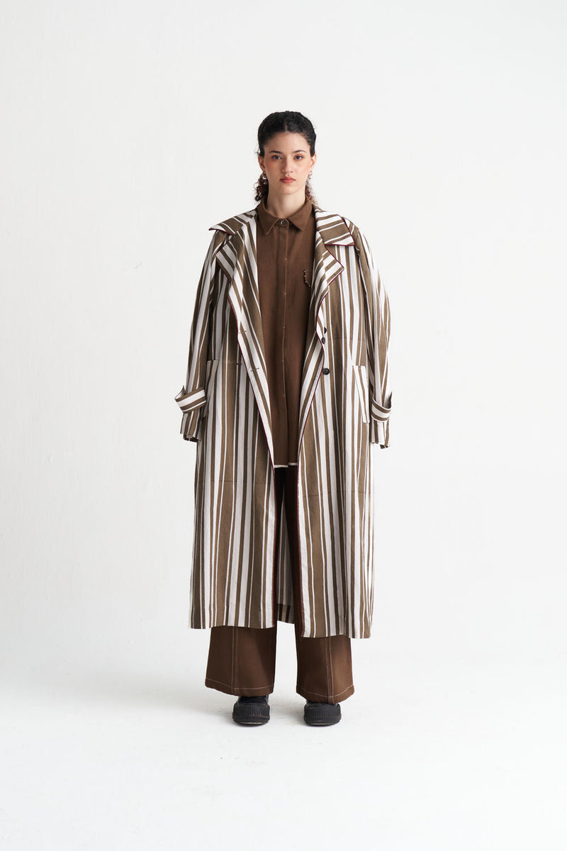 Striped Trench-Umber Stripe textured cotton jacket/overlay by THREE in brown for women in Singapore