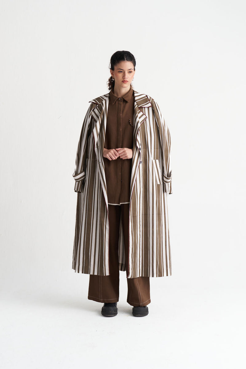 Striped Trench Co-Ord (Set Of 3)-Umber Stripe textured cotton co-ord set by THREE in brown for women in Singapore