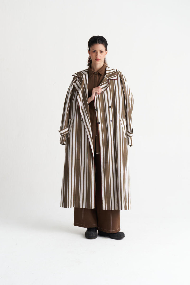 Striped Trench Co-Ord (Set Of 3)-Umber Stripe textured cotton co-ord set by THREE in brown for women in Singapore