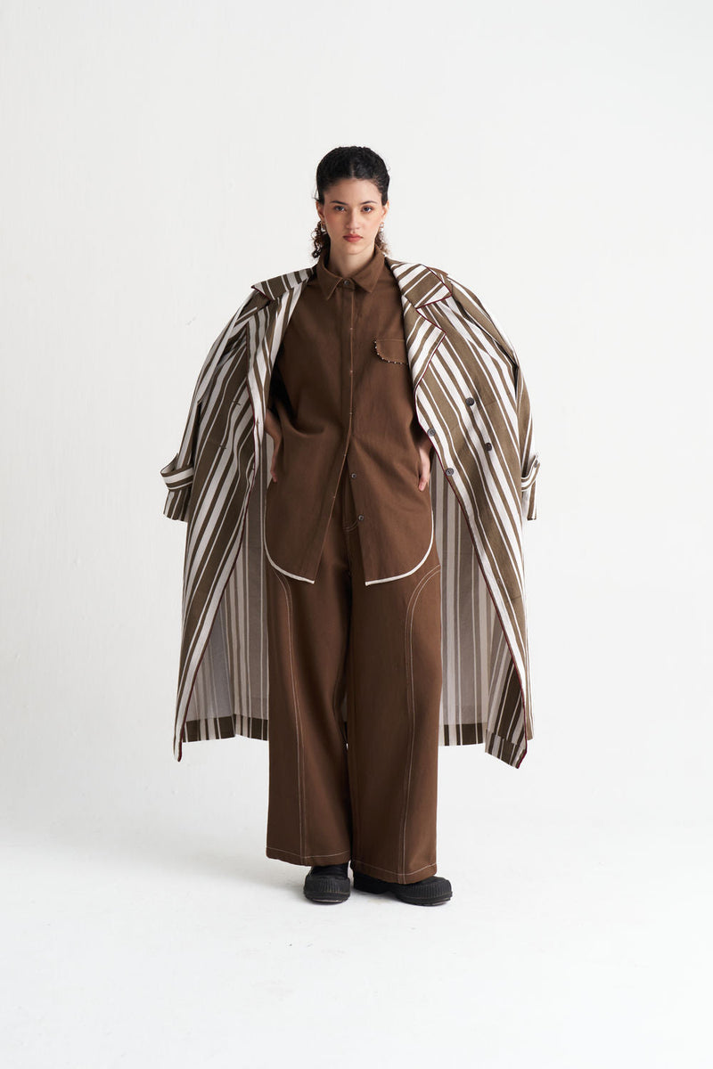 Striped Trench-Umber Stripe textured cotton jacket/overlay by THREE in brown for women in Singapore