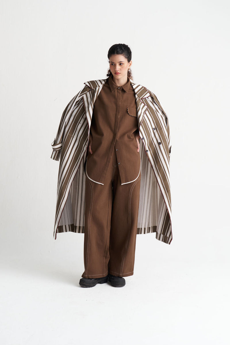 Striped Trench-Umber Stripe textured cotton jacket/overlay by THREE in brown for women in Singapore