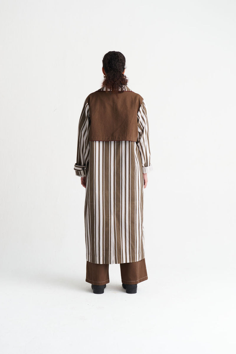 Striped Trench Co-Ord (Set Of 3)-Umber Stripe textured cotton co-ord set by THREE in brown for women in Singapore