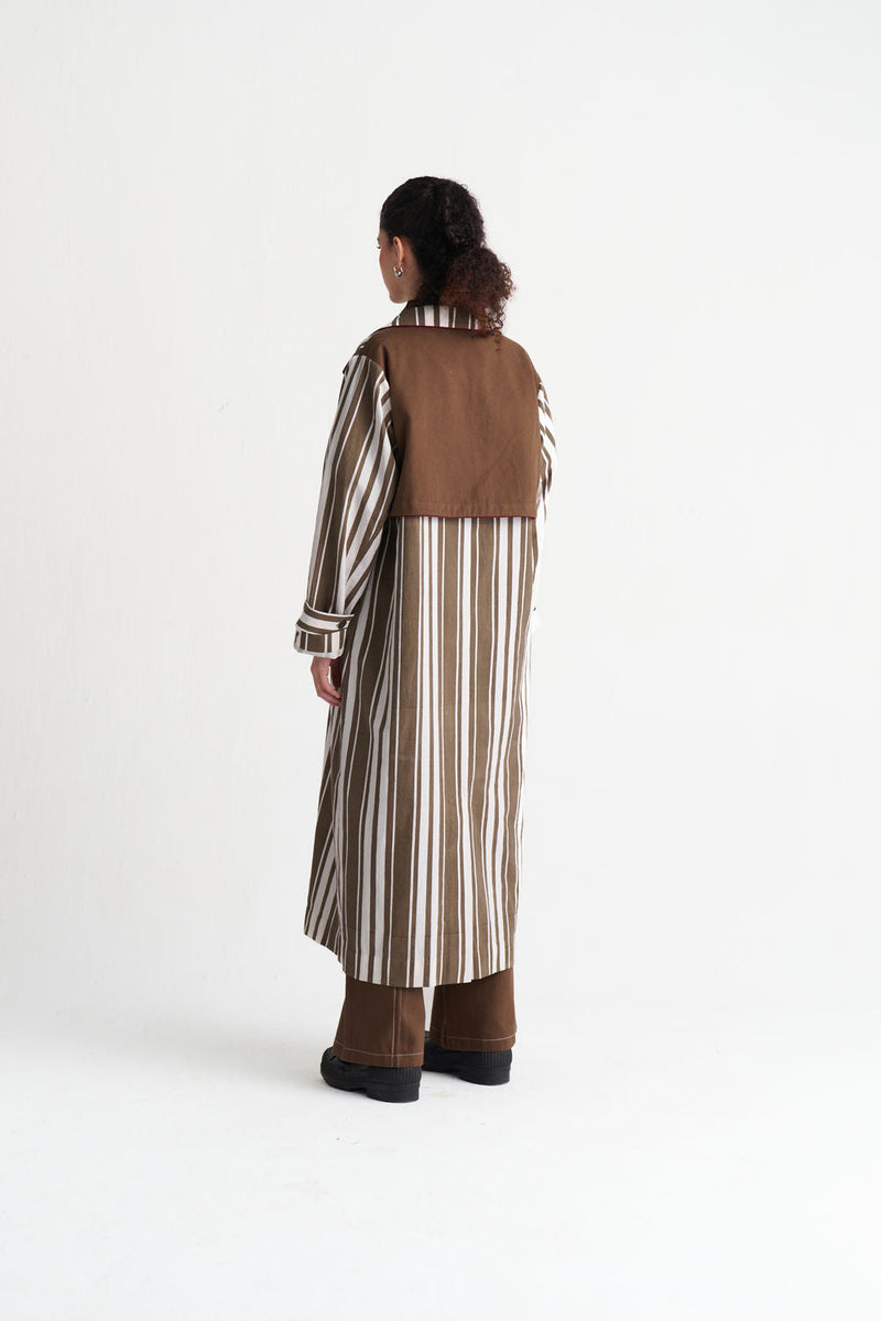 Striped Trench-Umber Stripe textured cotton jacket/overlay by THREE in brown for women in Singapore