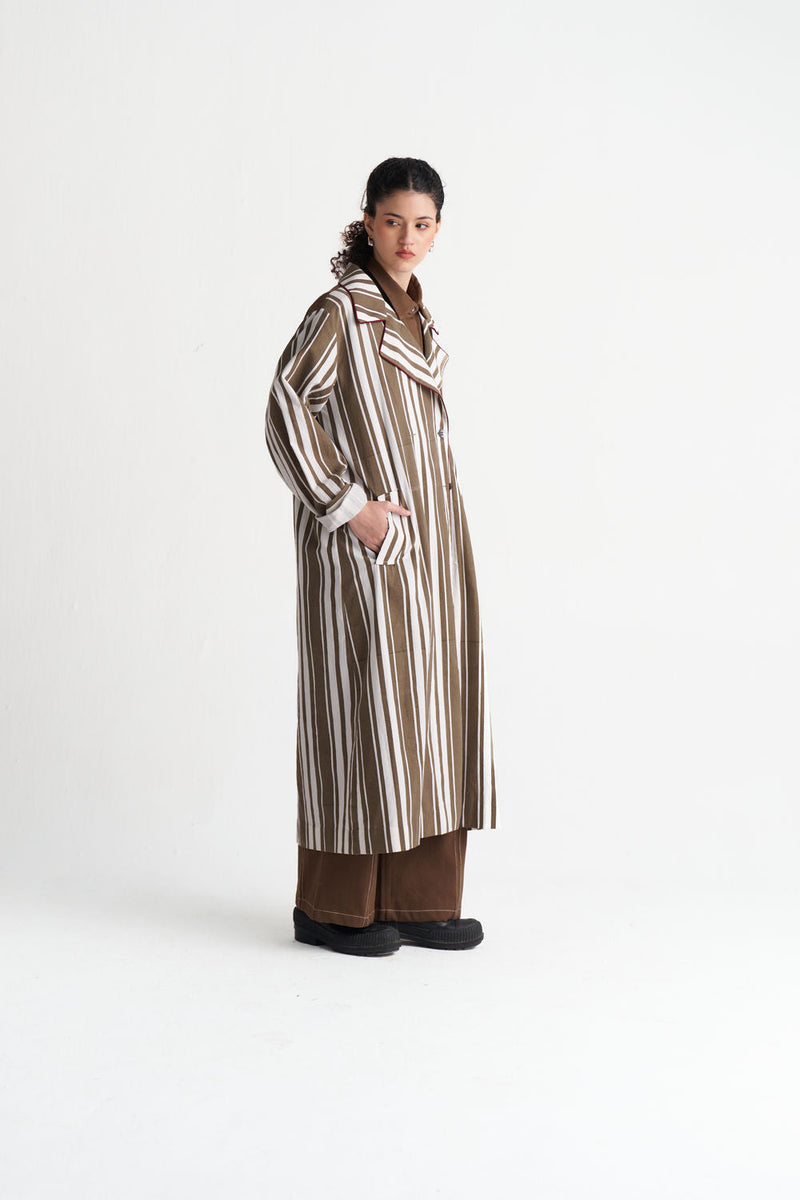 Striped Trench-Umber Stripe textured cotton jacket/overlay by THREE in brown for women in Singapore