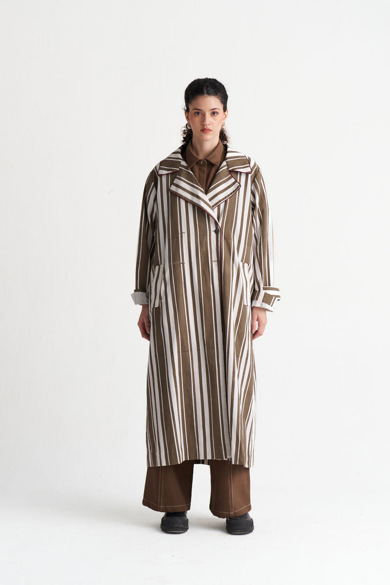 Striped Trench-Umber Stripe textured cotton jacket/overlay by THREE in brown for women in Singapore