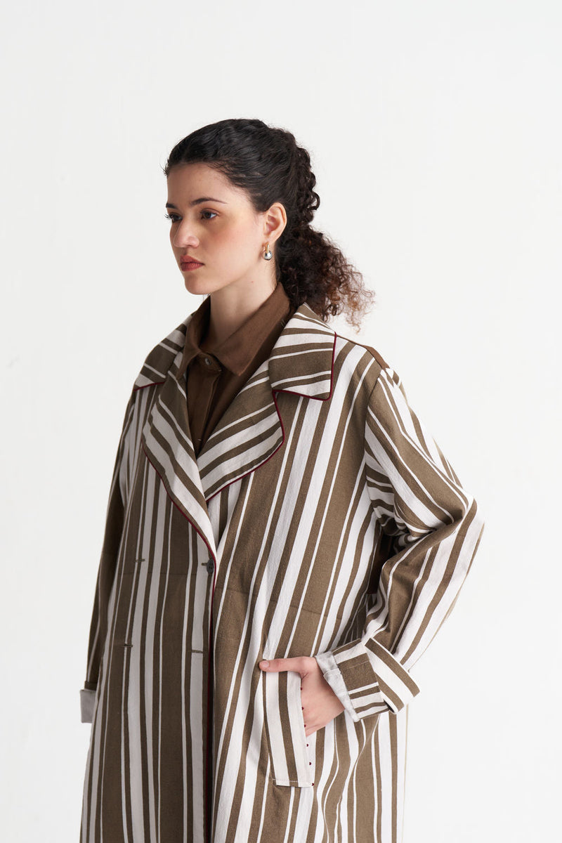 Striped Trench-Umber Stripe textured cotton jacket/overlay by THREE in brown for women in Singapore