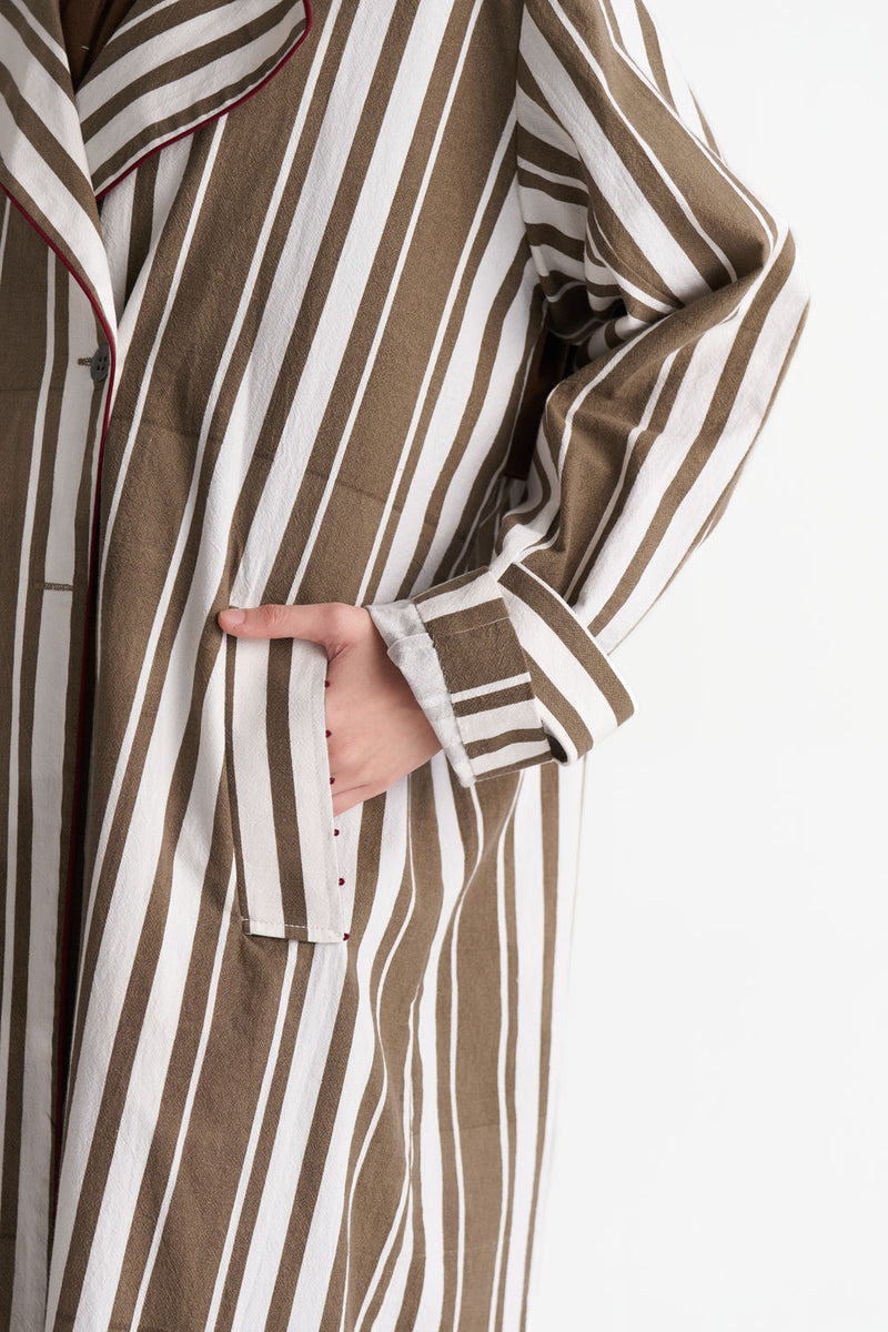 Striped Trench Co-Ord (Set Of 3)-Umber Stripe textured cotton co-ord set by THREE in brown for women in Singapore