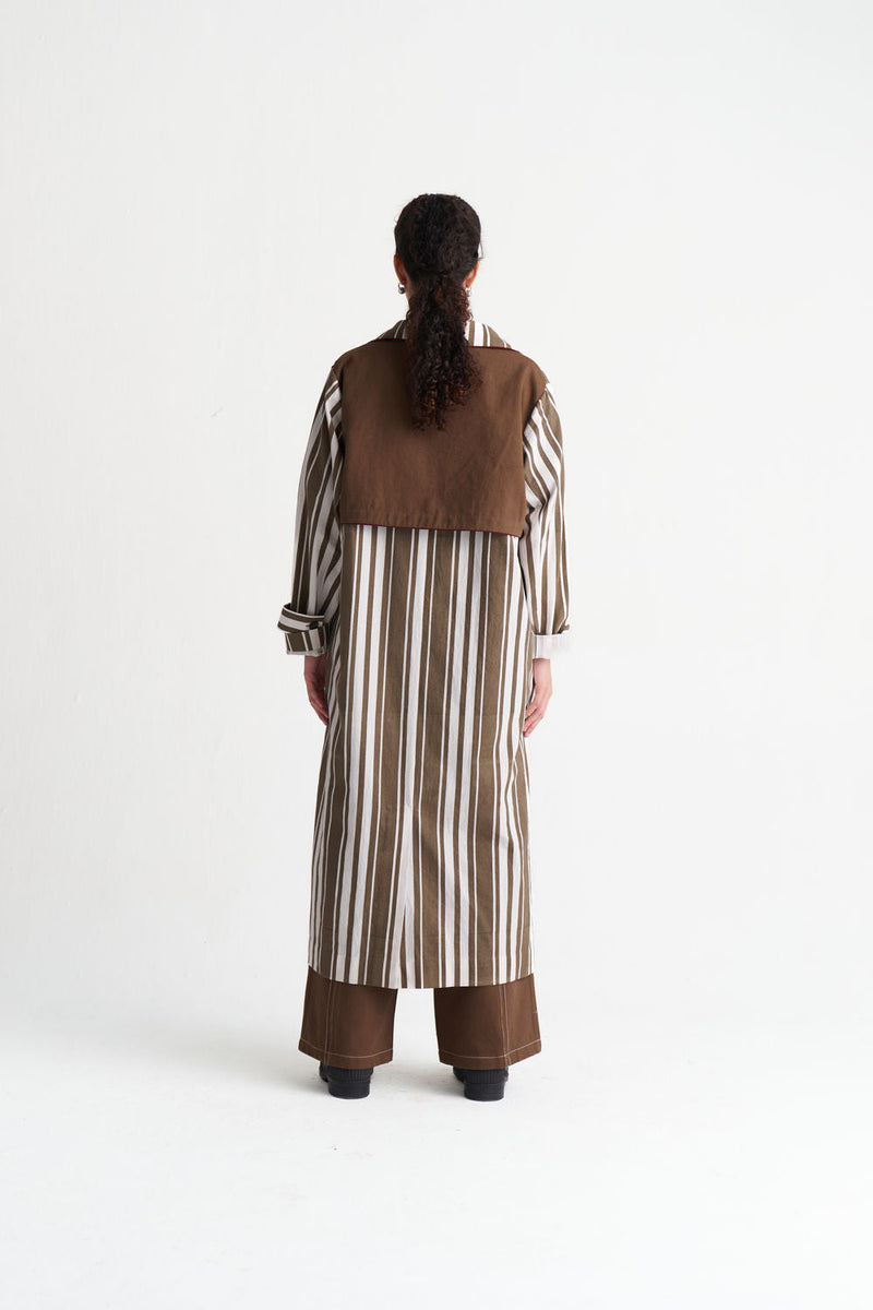 Striped Trench Co-Ord (Set Of 3)-Umber Stripe textured cotton co-ord set by THREE in brown for women in Singapore