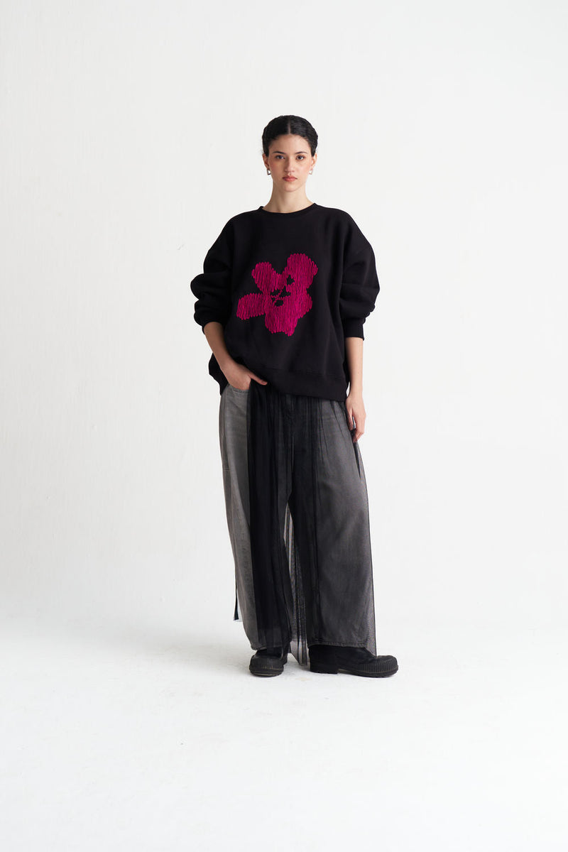 Floral Emb. Jumper-Black cotton fleece top/shirt by THREE in black for women in Singapore