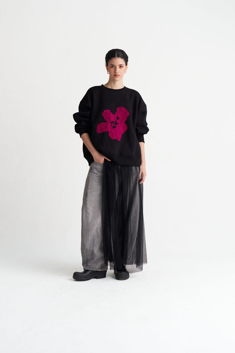 Floral Emb. Jumper-Black cotton fleece top/shirt by THREE in black for women in Singapore