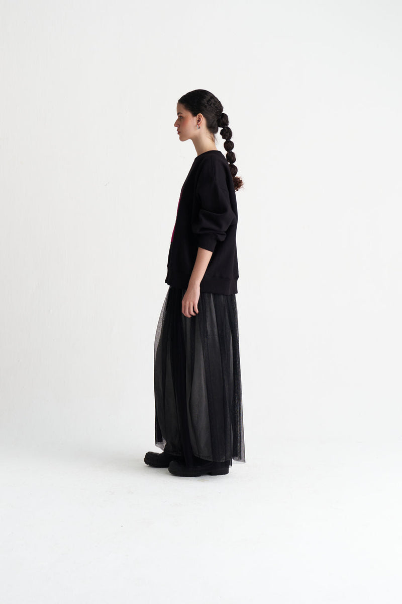 Floral Emb. Jumper-Black cotton fleece top/shirt by THREE in black for women in Singapore