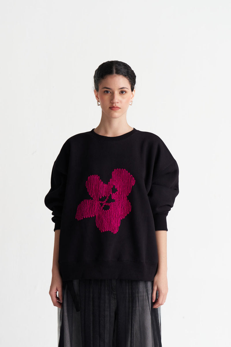 Floral Emb. Jumper-Black cotton fleece top/shirt by THREE in black for women in Singapore