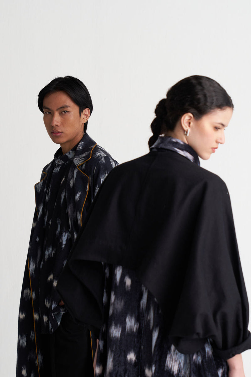 Ikat Print Bat Sleeve Jacket-Black Ikat Print velvet jacket/overlay by THREE in black for women in Singapore