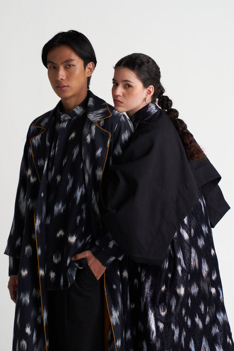 Ikat Print Bat Sleeve Jacket-Black Ikat Print velvet jacket/overlay by THREE in black for women in Singapore
