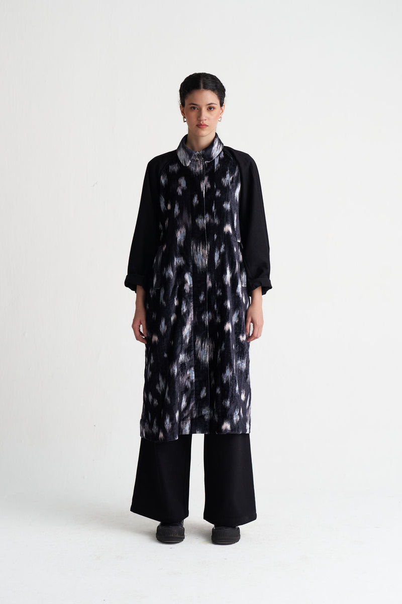 Ikat Print Bat Sleeve Jacket Co-Ord (Set Of 2)-Black Ikat Print velvet co-ord set by THREE in black for women in Singapore