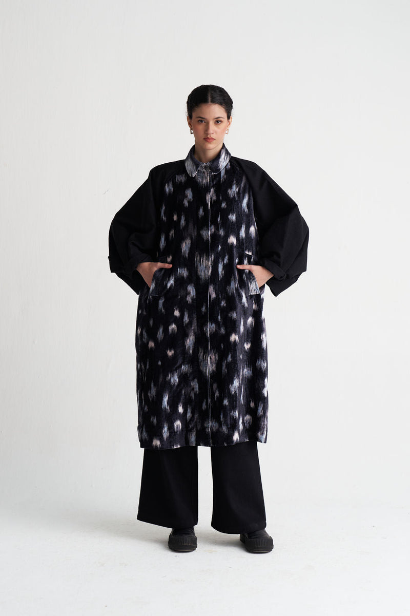 Ikat Print Bat Sleeve Jacket Co-Ord (Set Of 2)-Black Ikat Print velvet co-ord set by THREE in black for women in Singapore