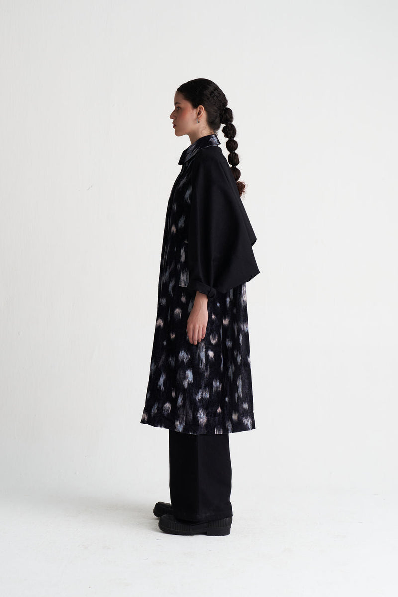 Ikat Print Bat Sleeve Jacket-Black Ikat Print velvet jacket/overlay by THREE in black for women in Singapore