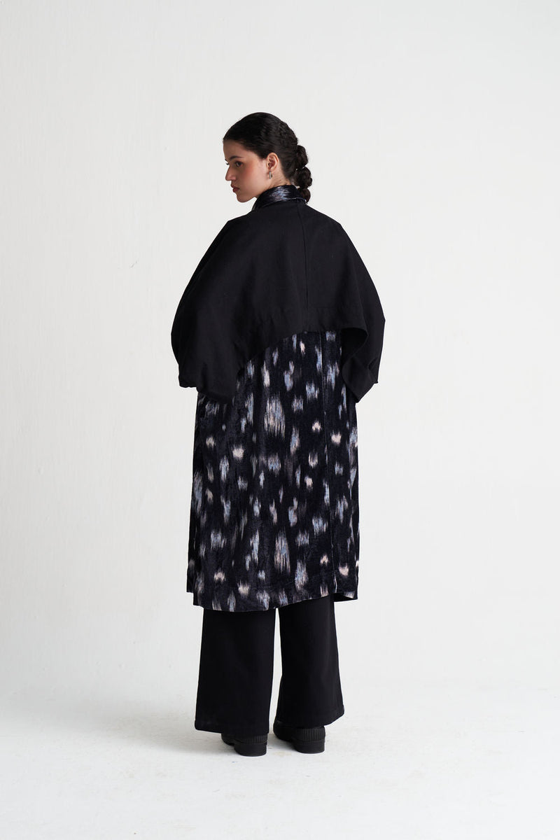 Ikat Print Bat Sleeve Jacket Co-Ord (Set Of 2)-Black Ikat Print velvet co-ord set by THREE in black for women in Singapore
