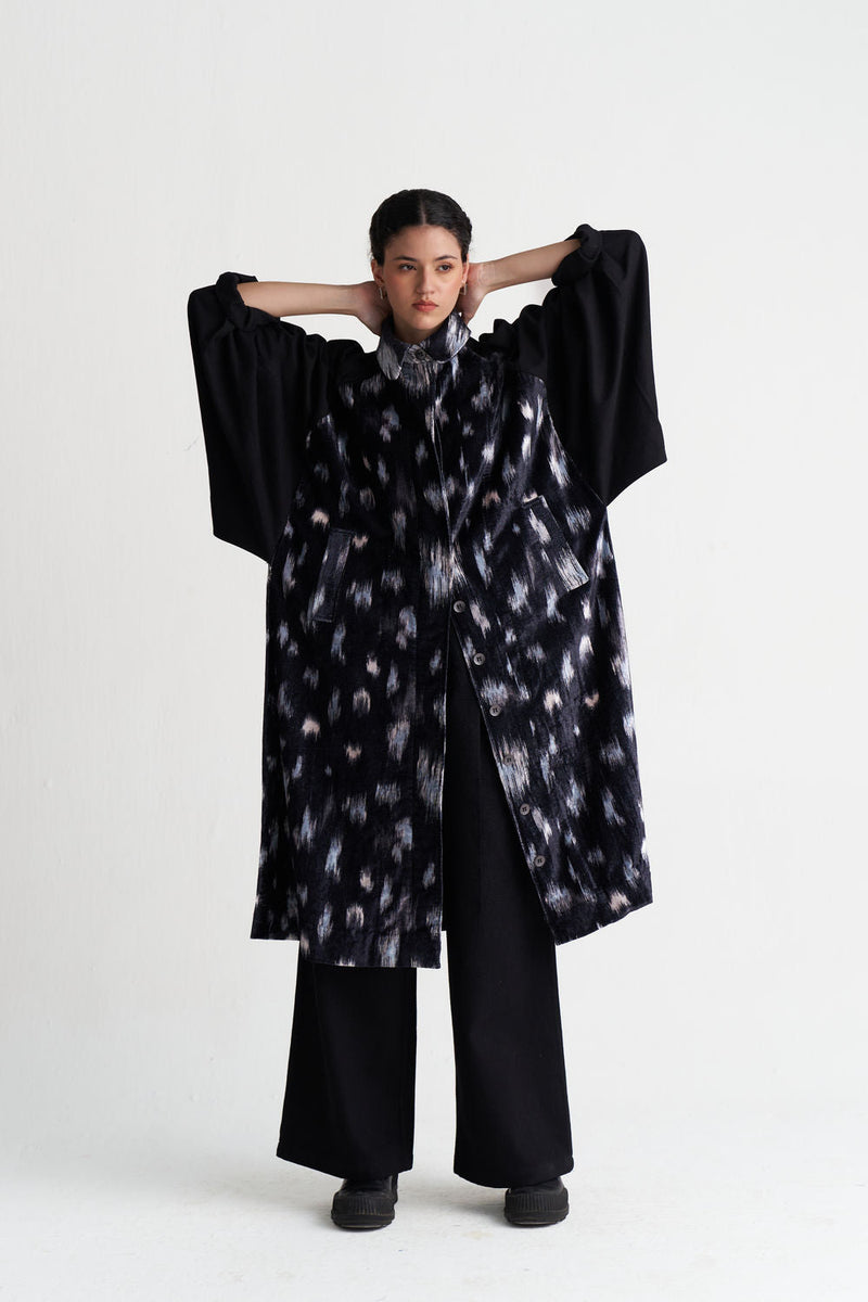 Ikat Print Bat Sleeve Jacket Co-Ord (Set Of 2)-Black Ikat Print velvet co-ord set by THREE in black for women in Singapore