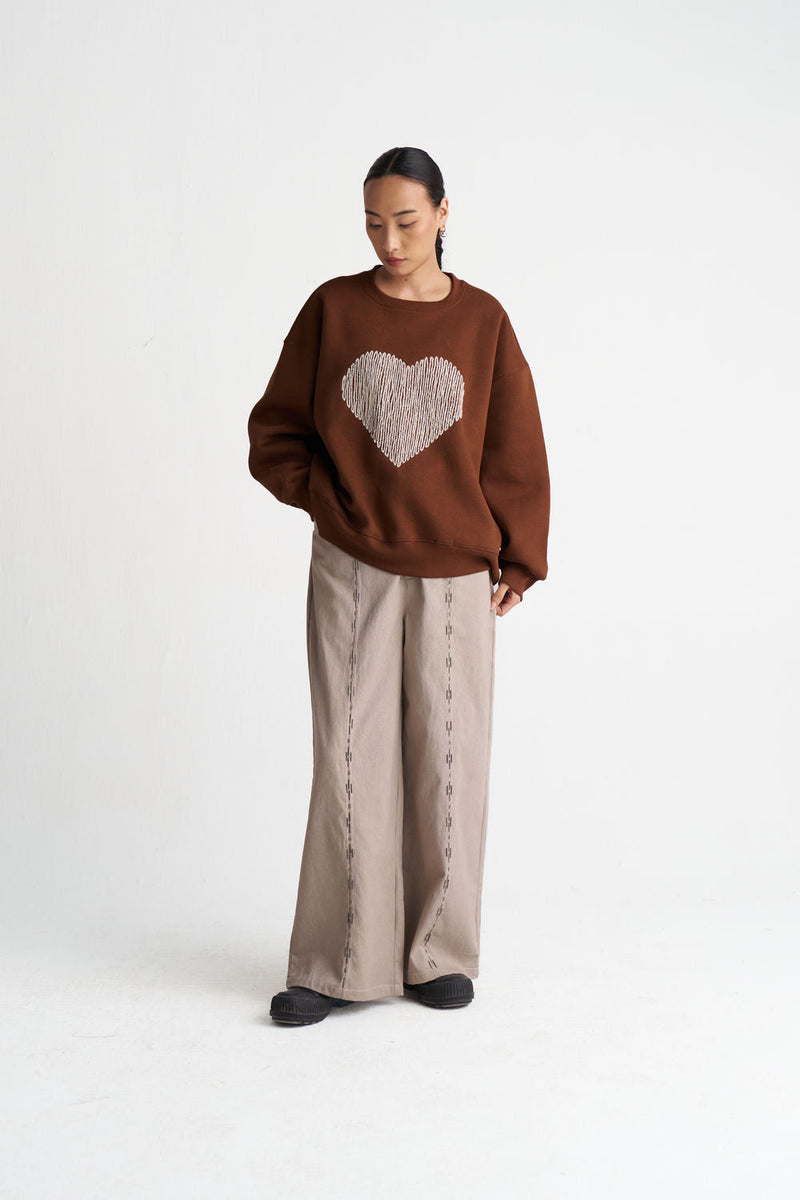 Heart Emb. Jumper Co-Ord (Set Of 2)-Chocolate Brown cotton fleece co-ord set by THREE in brown, grey for women in Singapore